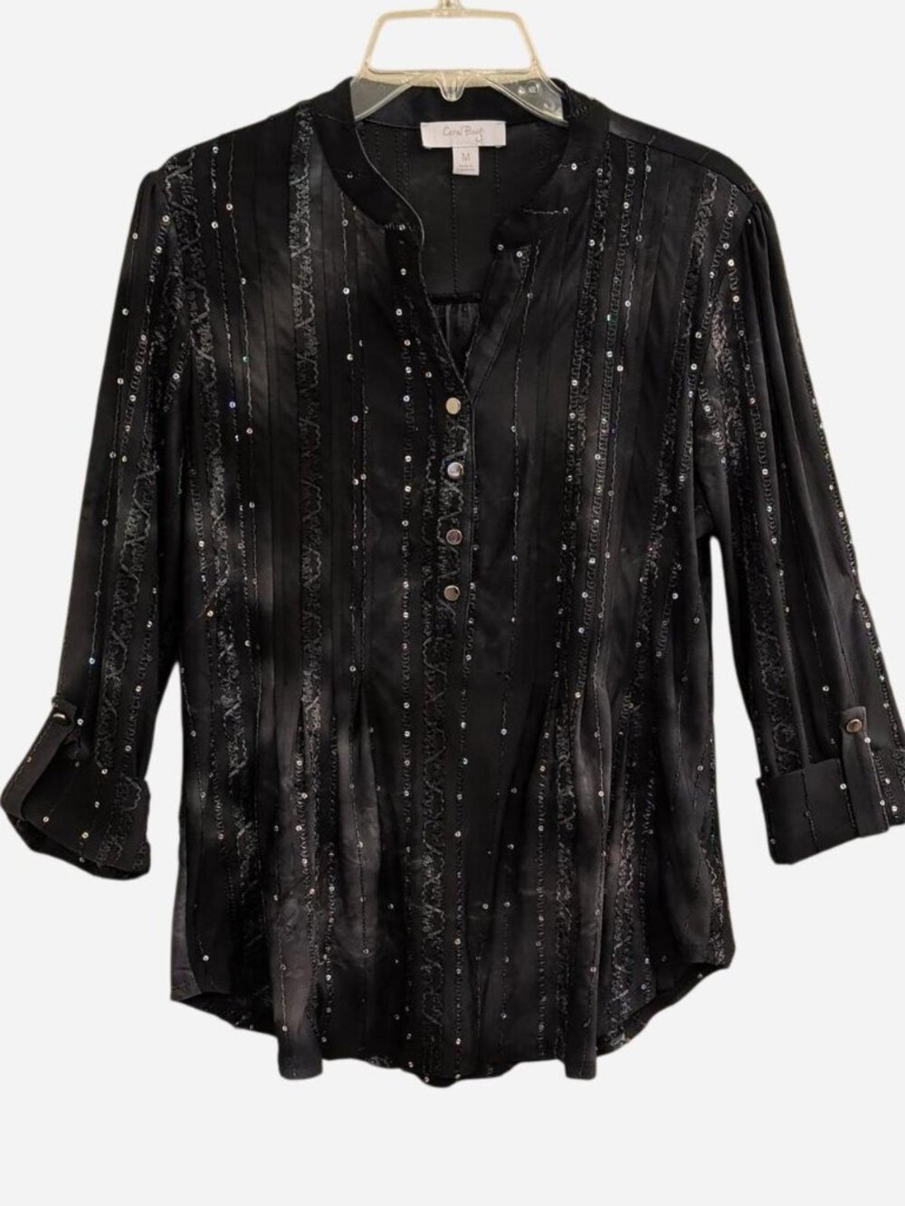 Coral Bay Black Tie-Dye Sequin-Striped Button Front Top Women’s M